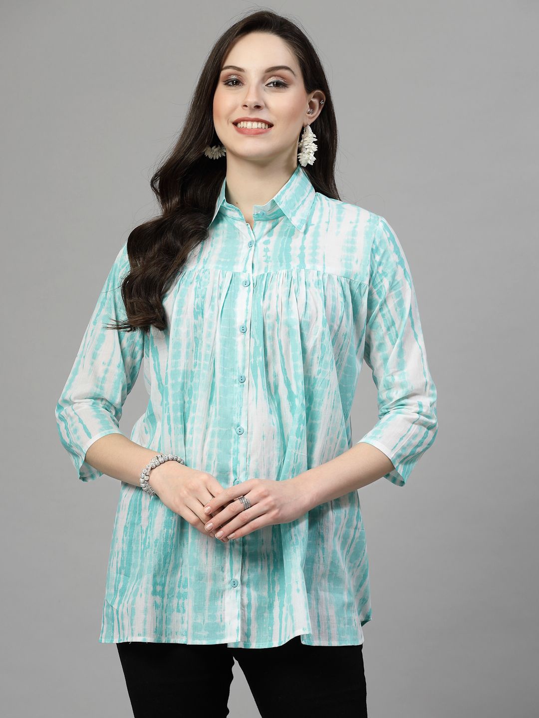 

KALINI Straight Abstract Printed Spread Collar Cotton Casual Shirt, Blue