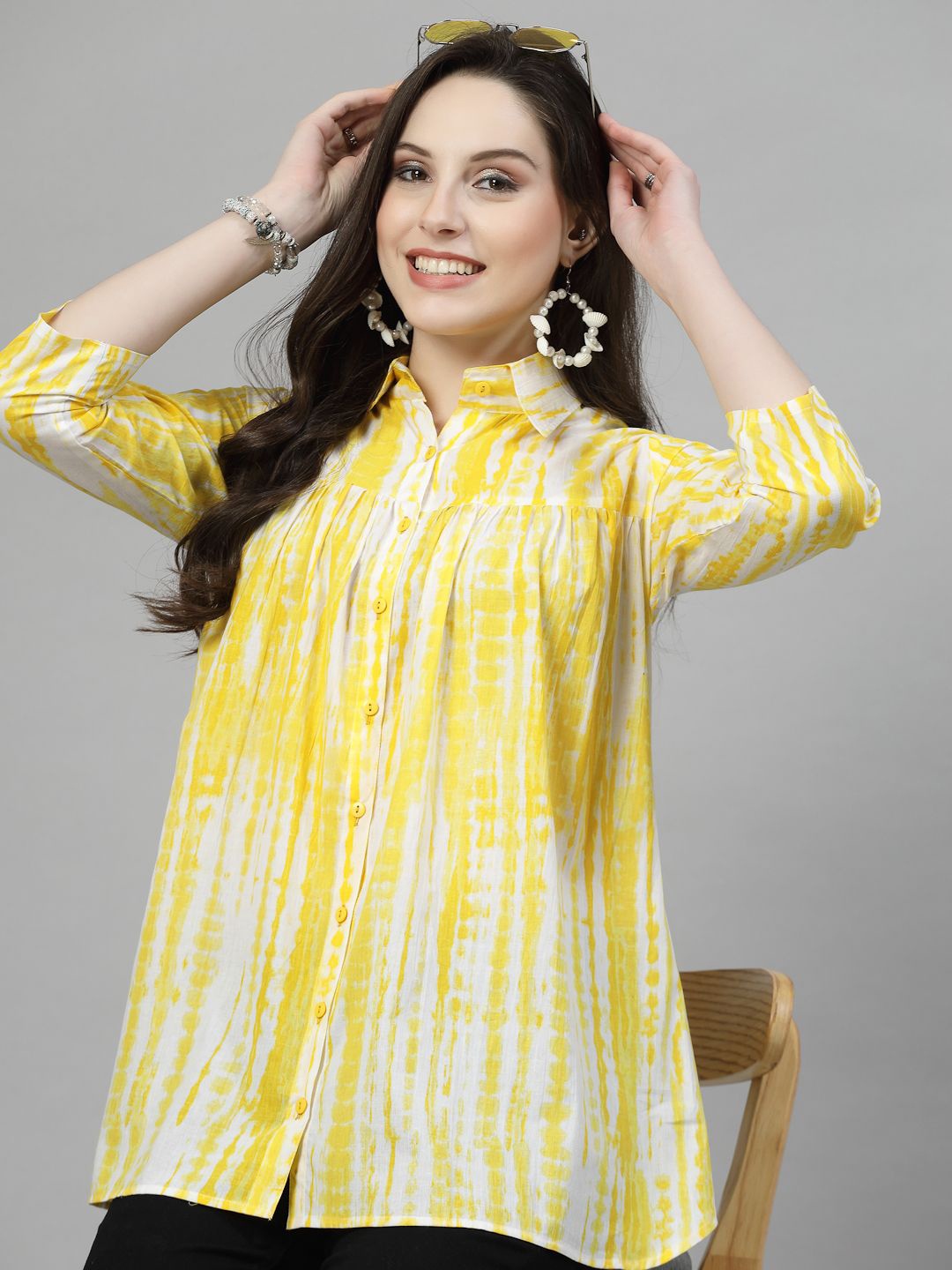 

KALINI Straight Printed Spread Collar Casual Shirt, Yellow