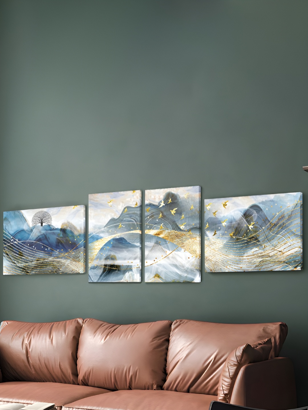 

Art Street Canvas Painting Golden Birds With Mountains View, Gold