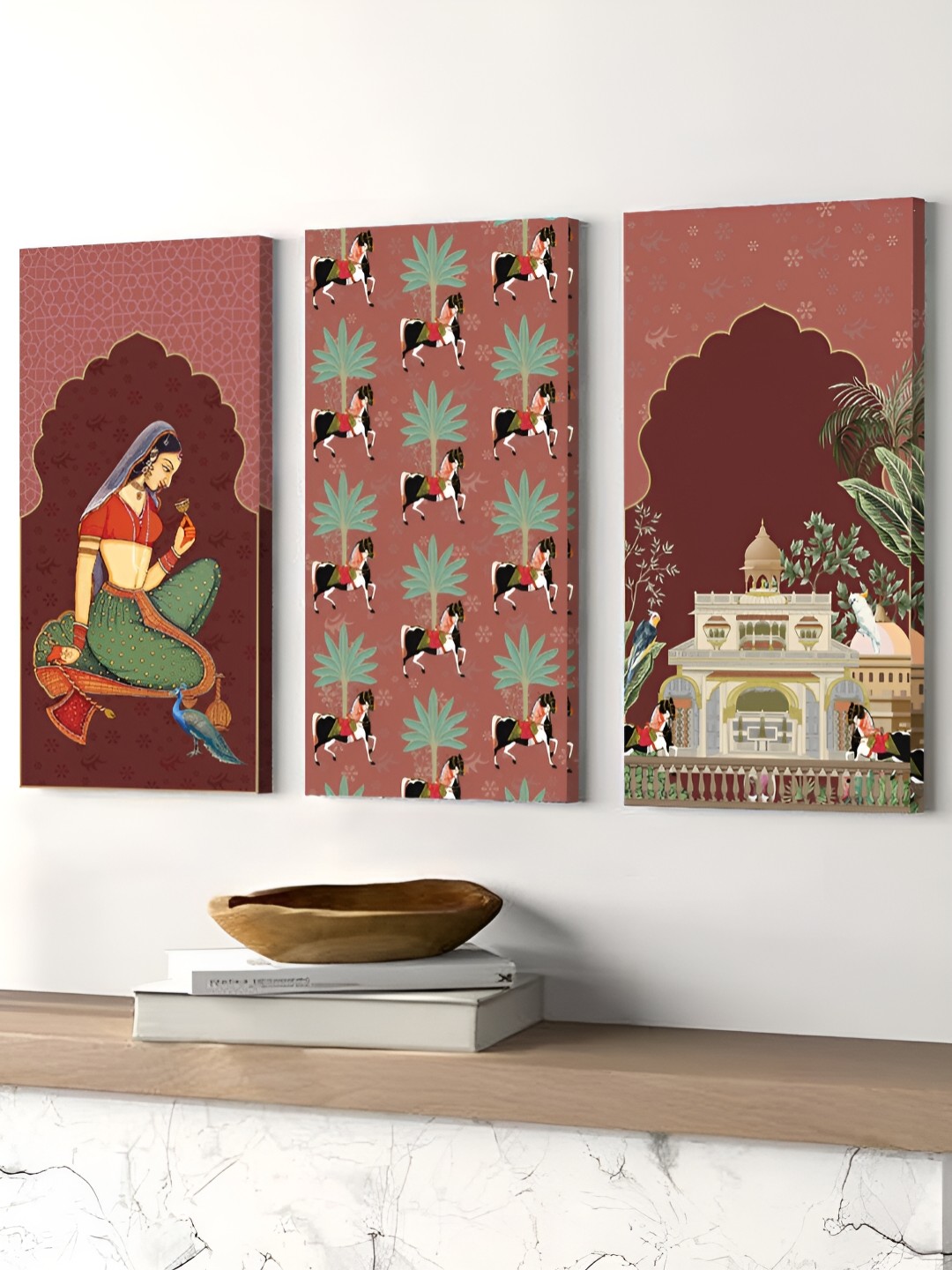 

Art Street Beautiful Woman & Horse Royal Mughal Canvas Painting, Maroon