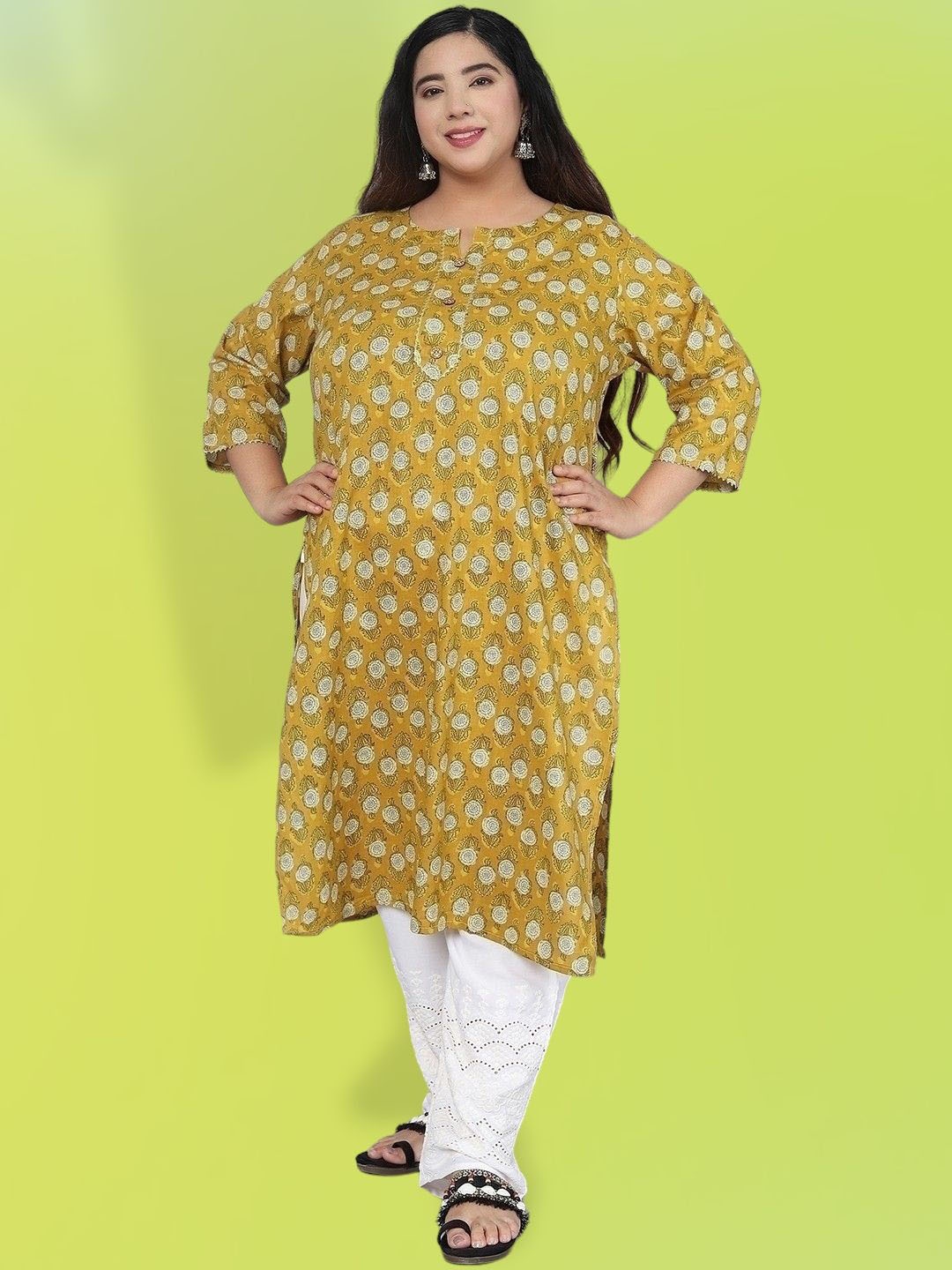 

Jevi Prints Plus Size Floral Printed Gotta Patti Cotton Straight Kurta, Yellow