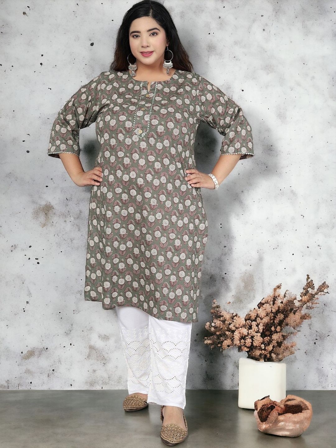 

Jevi Prints Plus Size Notched Neck Floral Printed Thread Work Cotton Straight Kurta, Grey