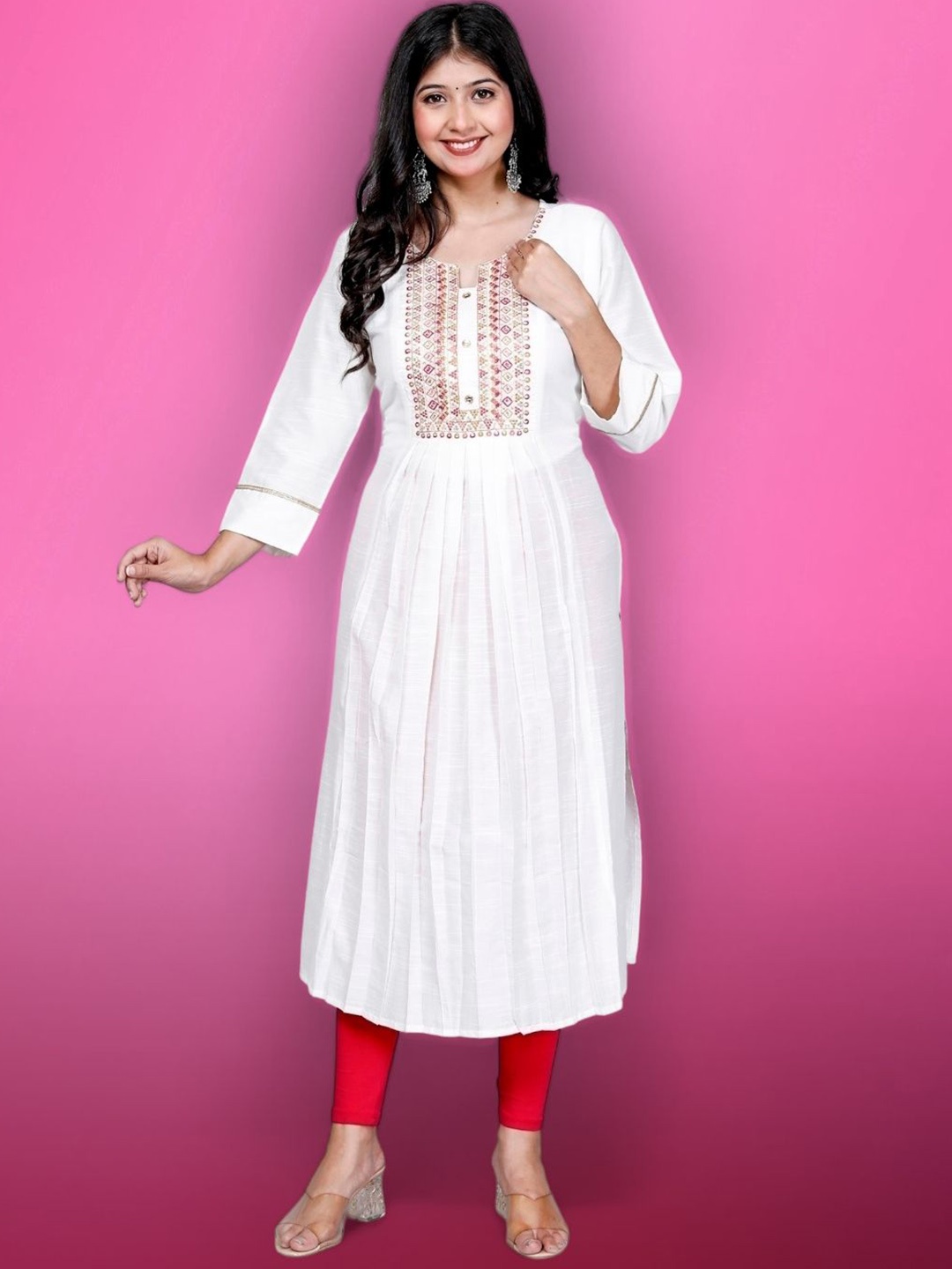 

Jevi Prints Ethnic Motifs Yoke Design Cotton Thread Work White Romance Straight Kurta, Cream