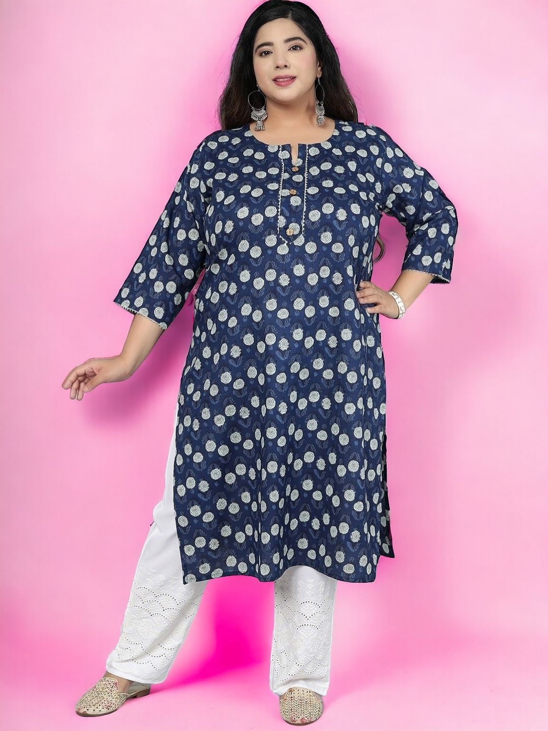 

Jevi Prints Plus Size Floral Printed Gotta Patti Cotton Straight Kurta, Blue