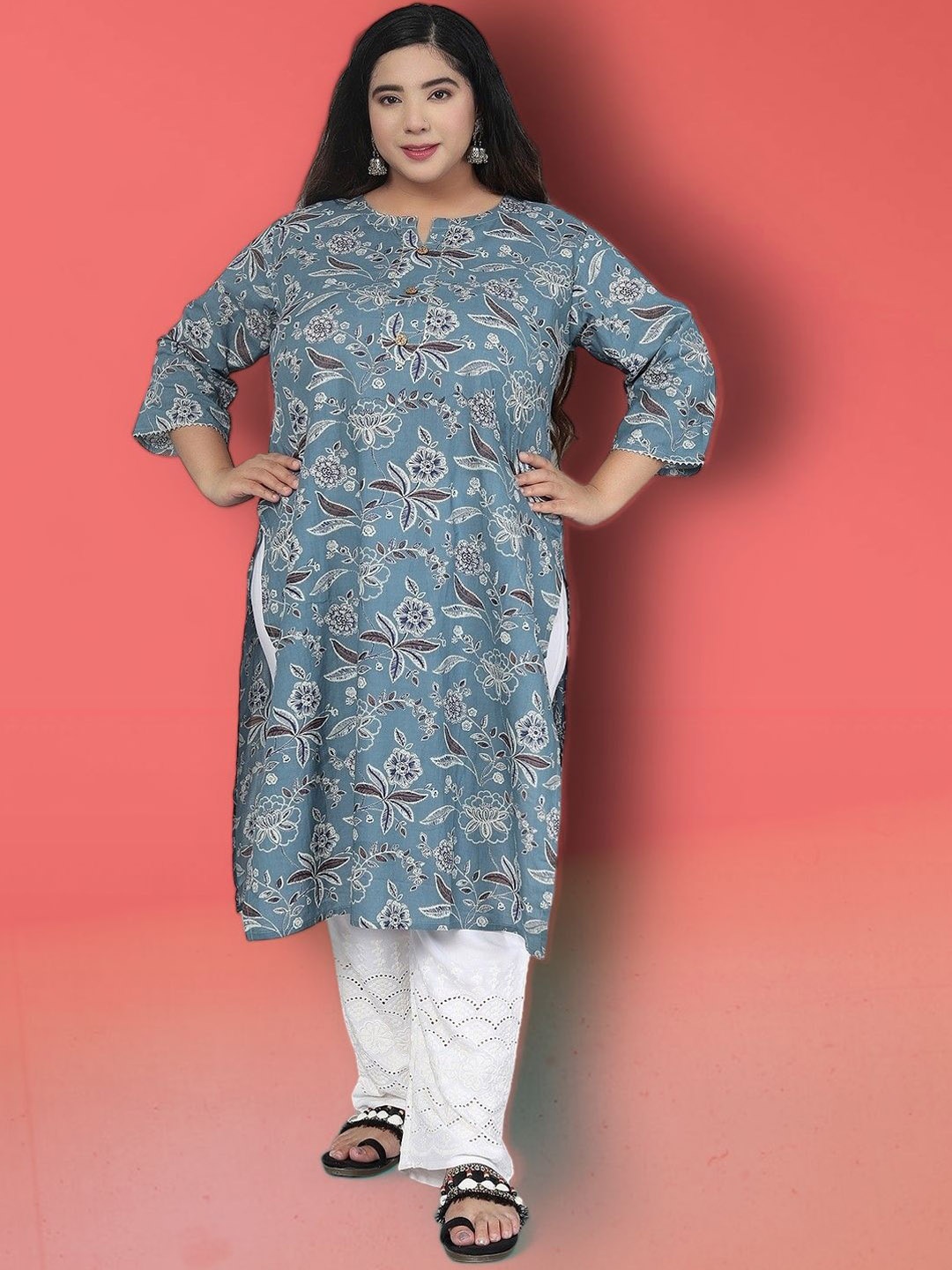 

Jevi Prints Plus Size Ethnic Motifs Printed Notched Neck Cotton Straight Kurta, Grey