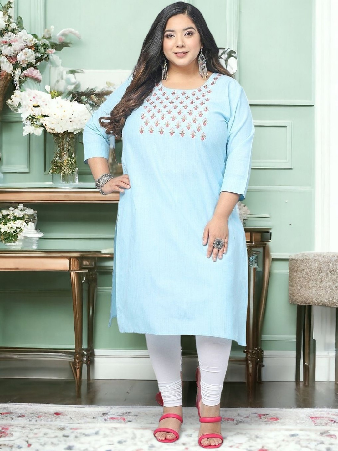 

Jevi Prints Plus Size Yoke Design Thread Work Artwork Cotton Kurta, Blue