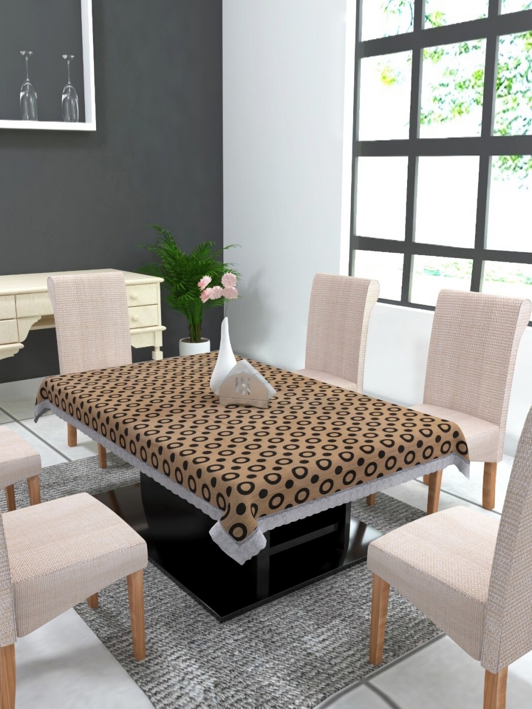 

TANLOOMS Brown & White Geometric Printed Water Proof Square Table Cover