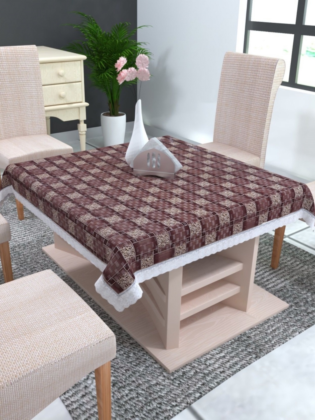 

TANLOOMS Brown & White Geometric Printed Water Proof Square Table Cover
