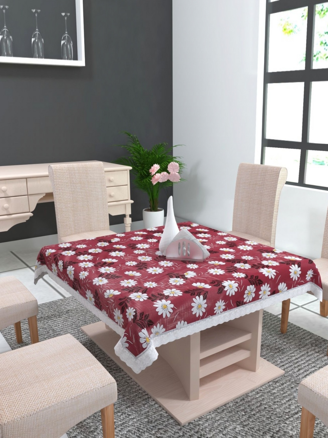 

TANLOOMS Red & White Floral Printed Water Proof Square Table Cover