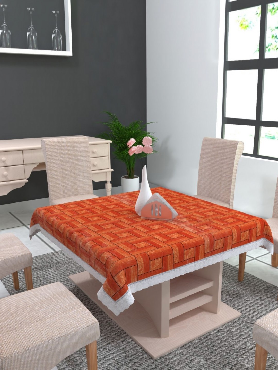 

TANLOOMS Orange Geometric Printed Waterproof 4-Seater Table Cover