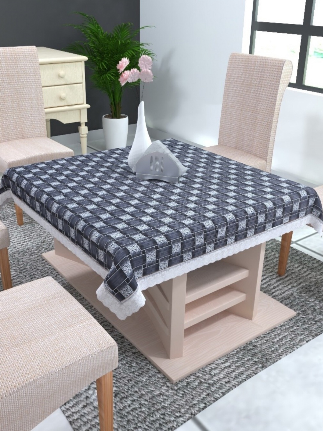 

TANLOOMS Grey& White Geometric Printed Water Proof Square Table Cover