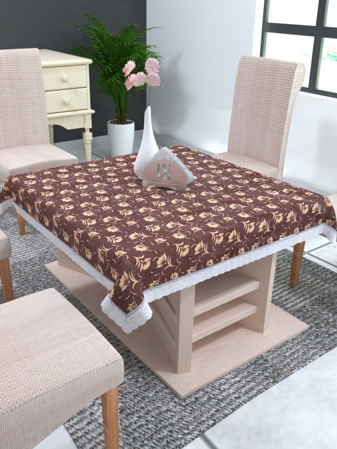 

TANLOOMS Brown Floral Waterproof 4-Seater Table Cover
