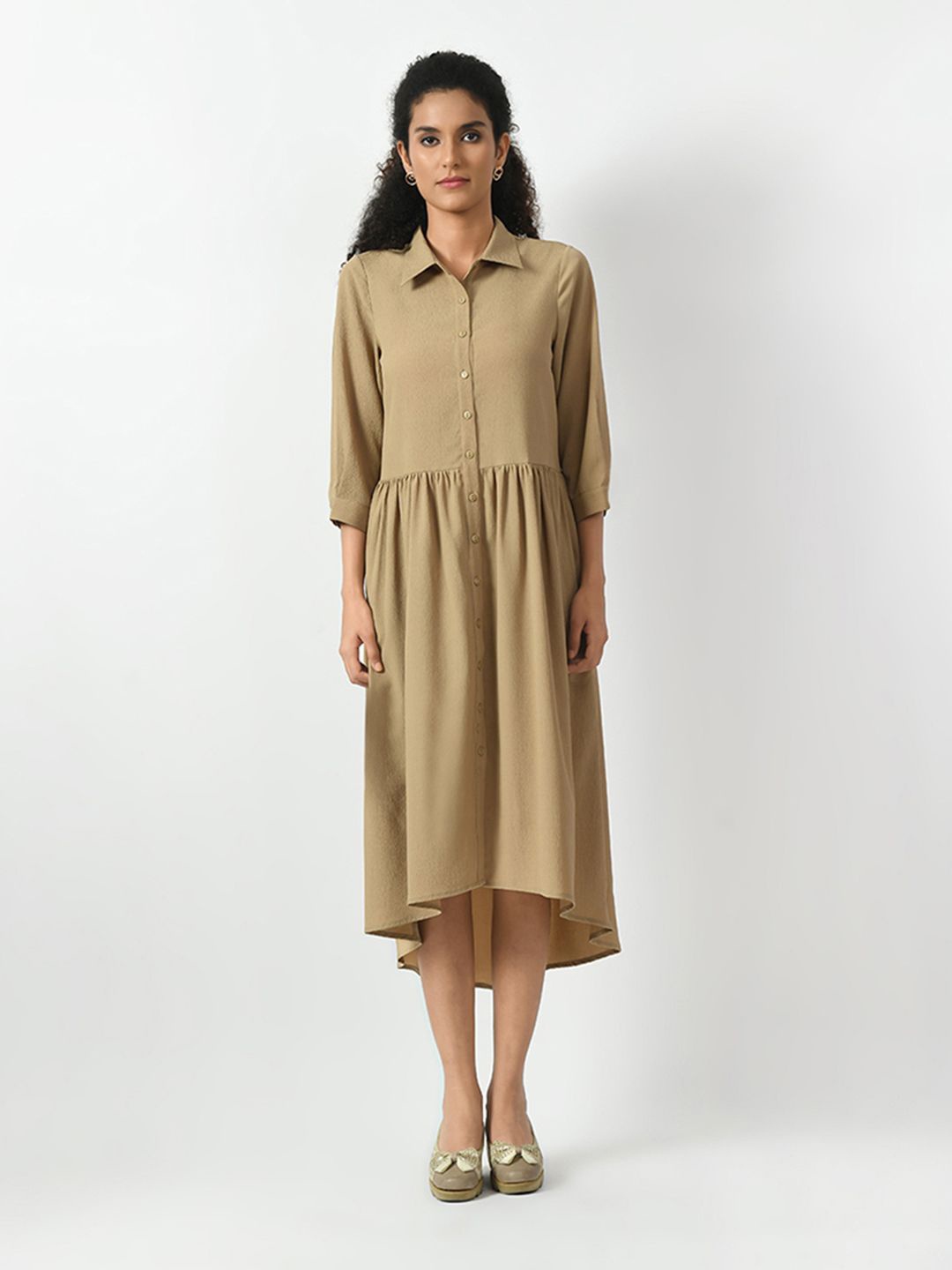 

OFFICE & YOU Textured Shirt Collar Crepe Fit & Flare Midi Dress, Beige