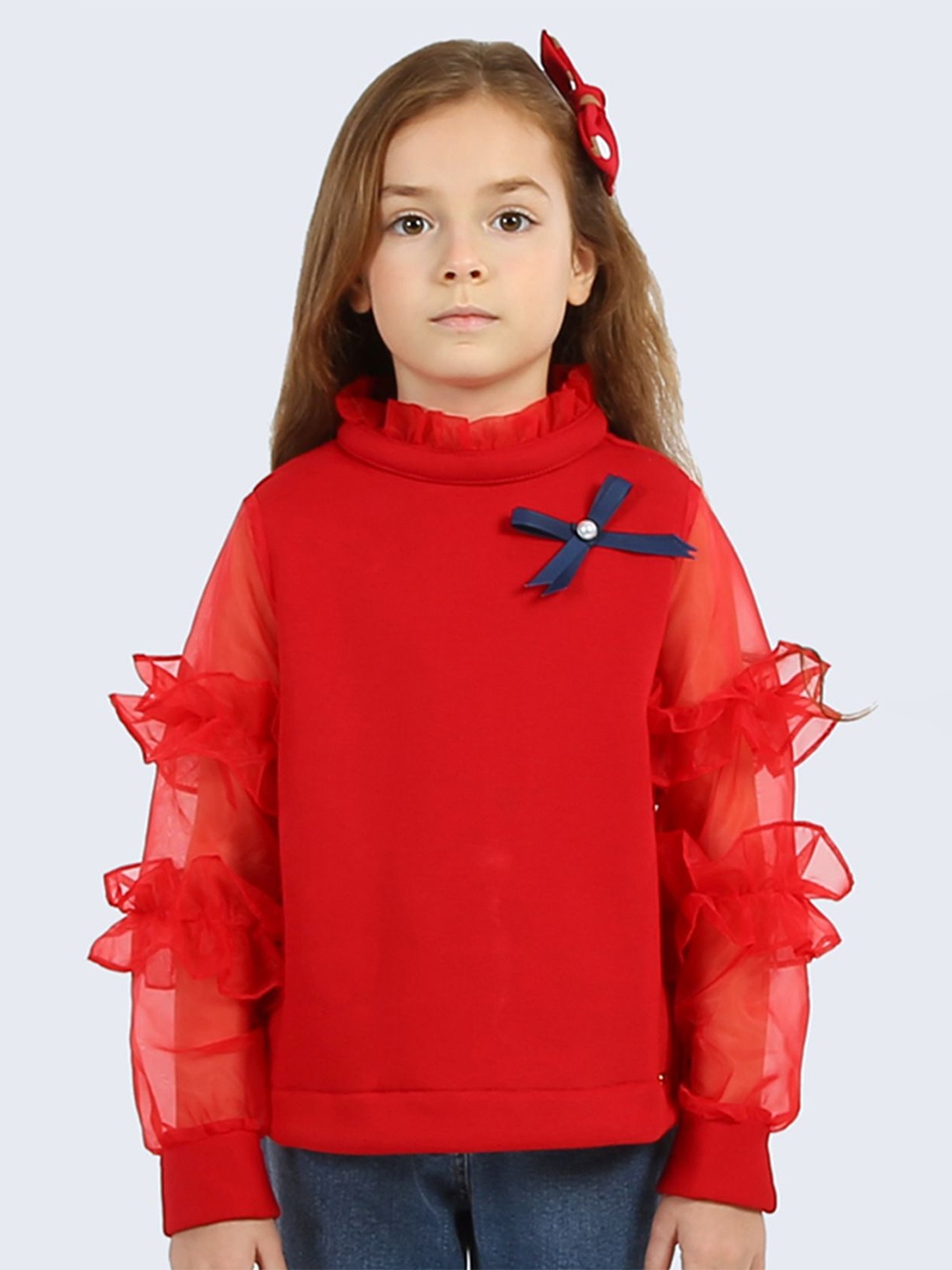 

One Friday Girls High Neck Flutter Sleeves Cotton Top, Red