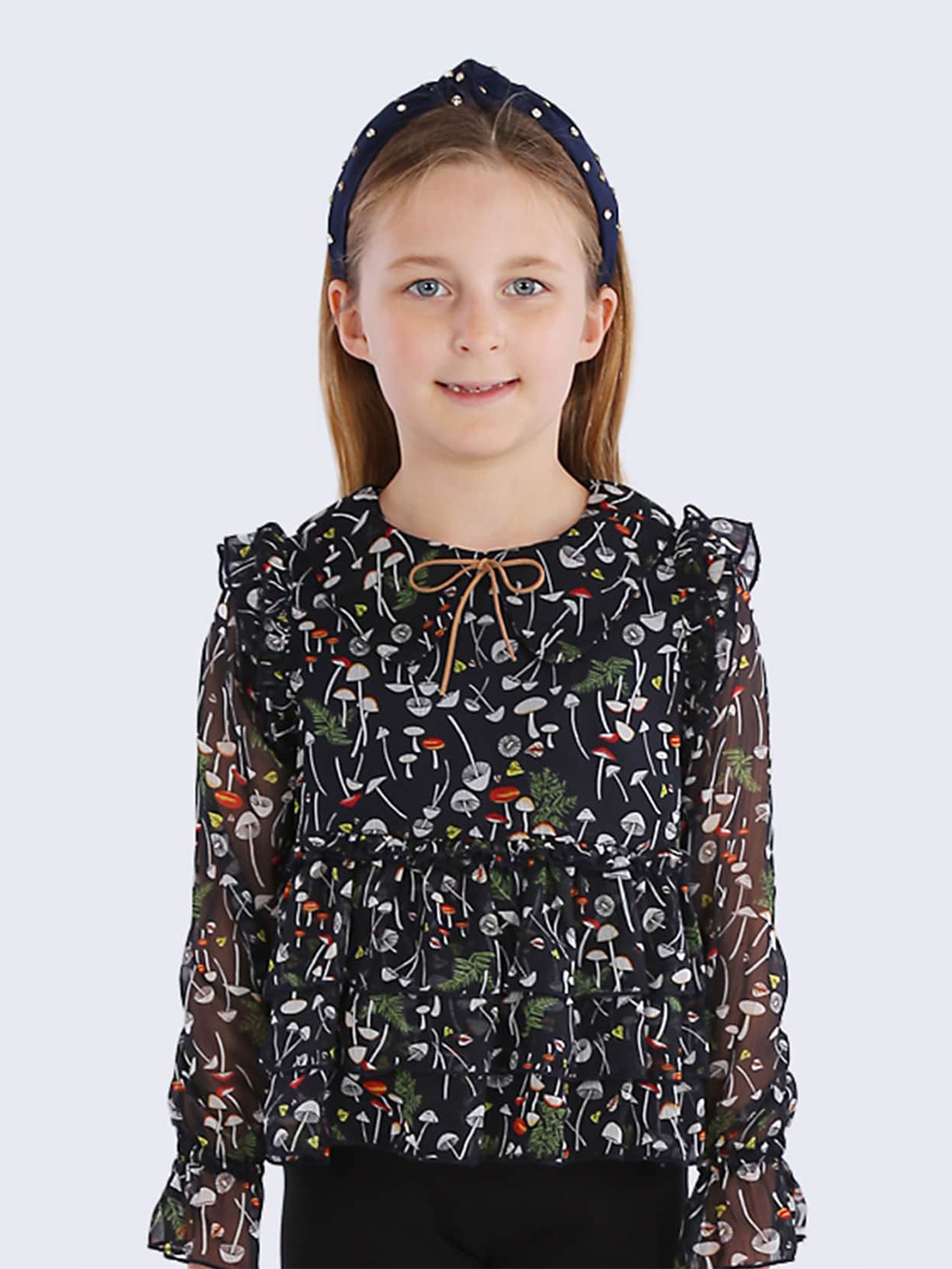 

One Friday Floral Printed Cuffed Sleeves Peplum Top, Black