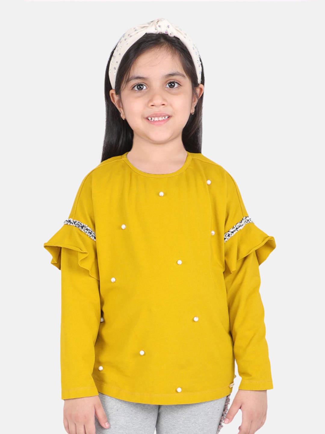 

One Friday Girls Embellished Cotton Top, Mustard