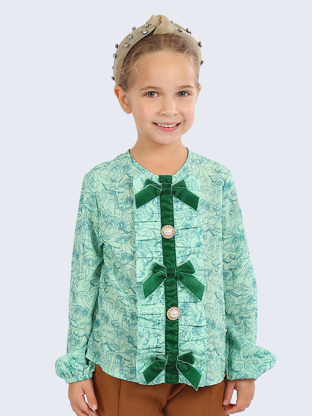 

One Friday Floral Printed Cuffed Sleeves Shirt Style Top, Green