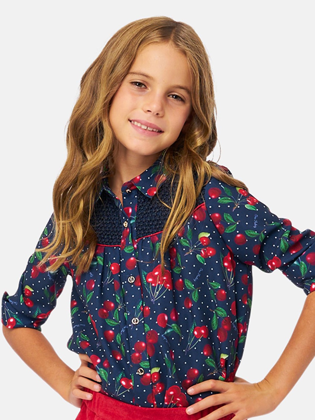 

One Friday Girl Floral Printed Shirt Collar Cuffed Sleeves Shirt Style Top, Navy blue