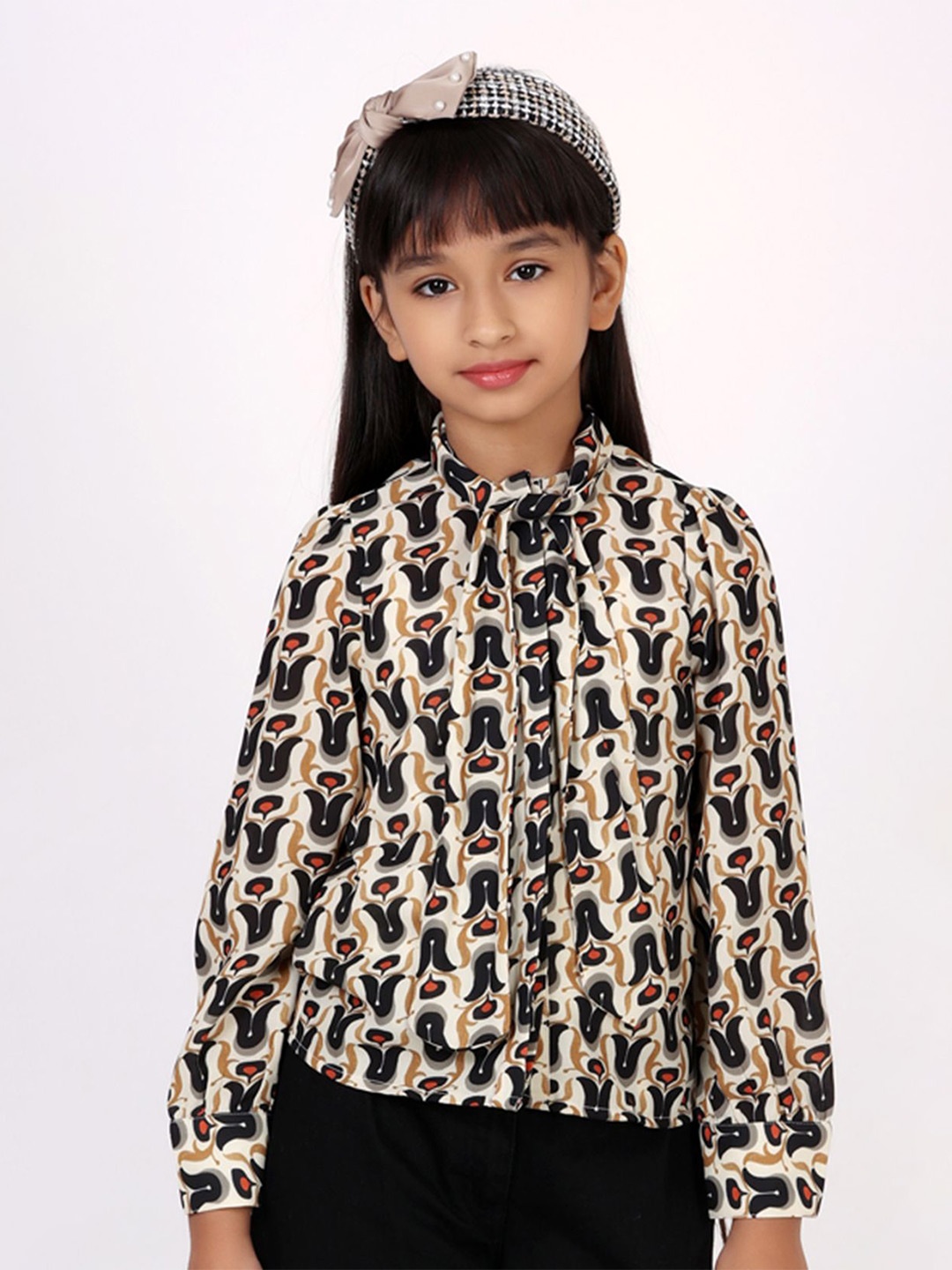 

One Friday Abstract Printed Cuffed Sleeves Tie-Up Neck Regular Top, Cream