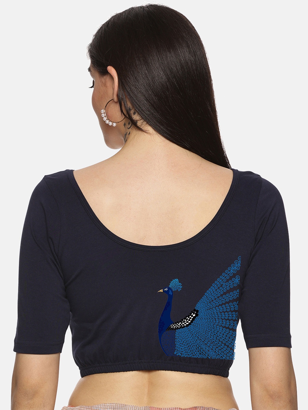 

NOT YET by us Printed Stretchable Saree Blouse, Navy blue