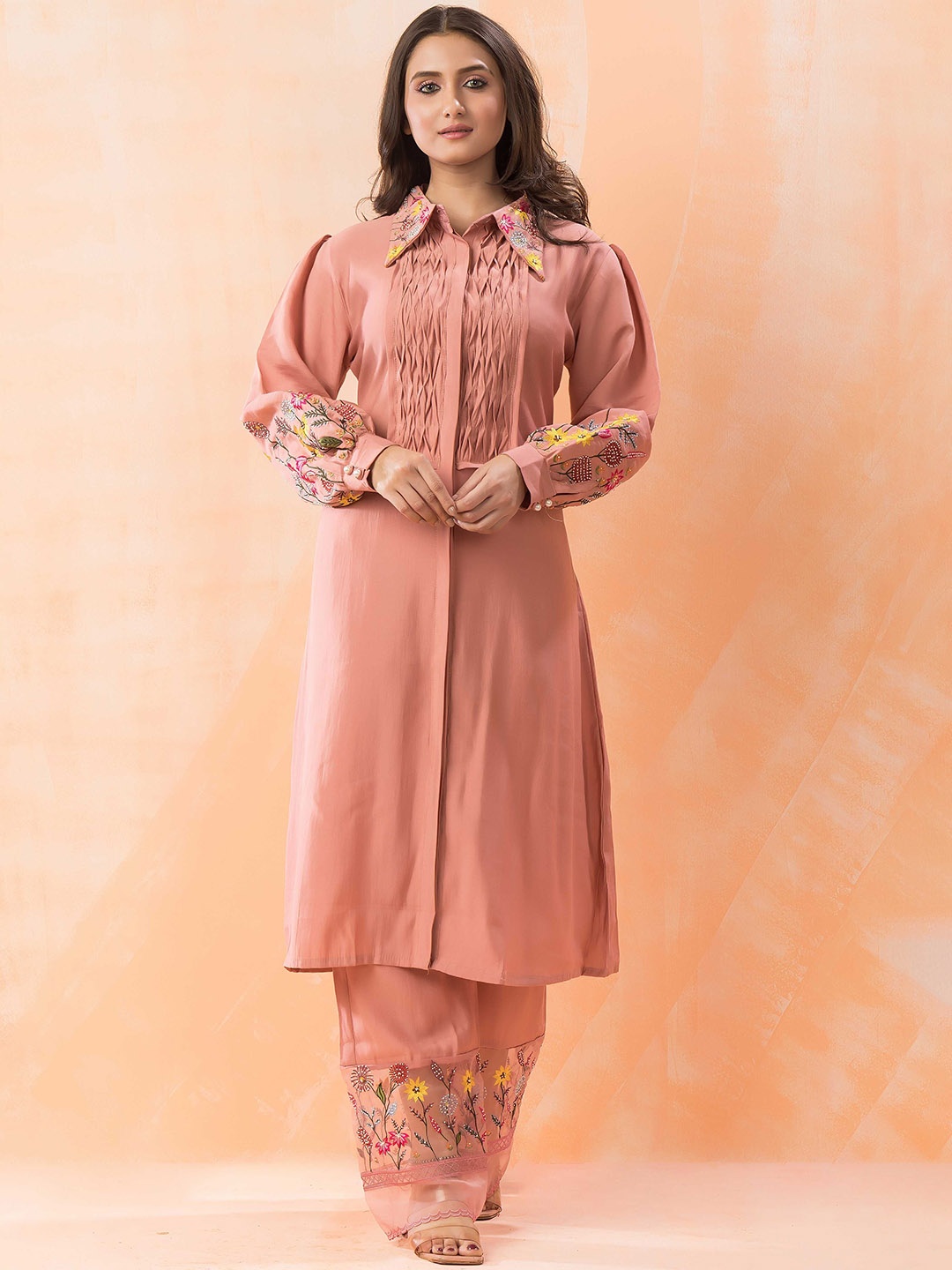 

SACRED SUTA Floral Embroidered Shirt Collar Beads and Stones Pure Silk Kurta with Trouser, Pink