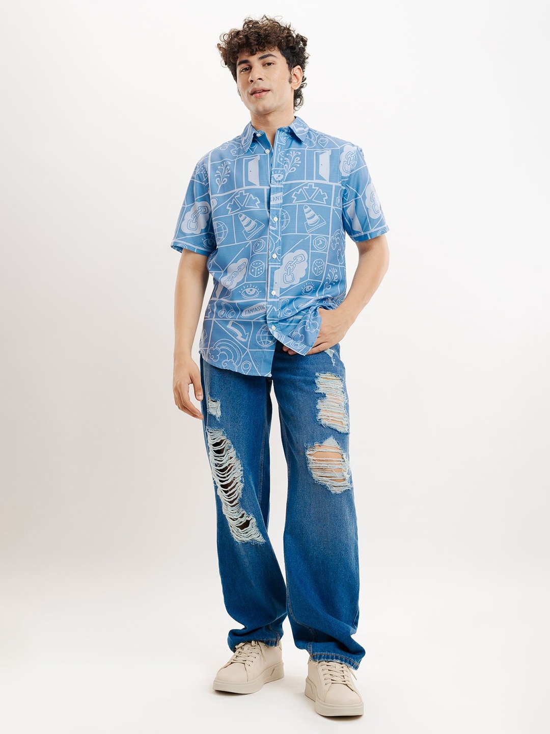

FREAKINS Conversational Printed Spread Collar Casual Shirt, Blue