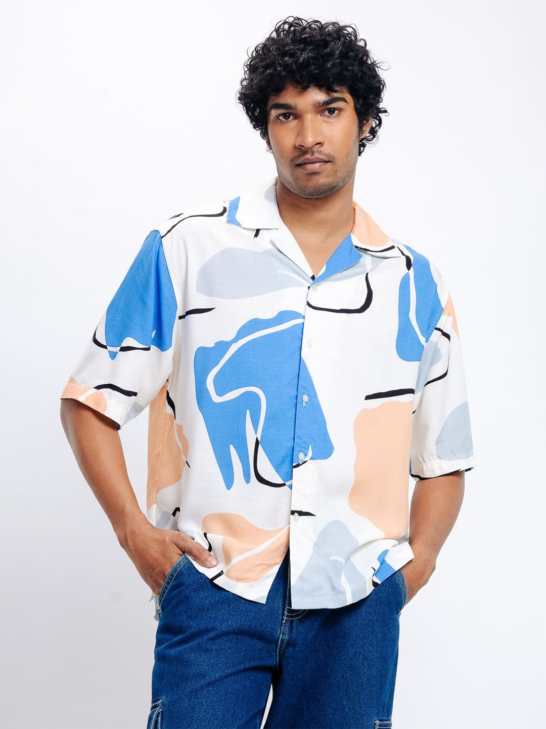 

FREAKINS Abstract Printed Cuban Collar Casual Shirt, White