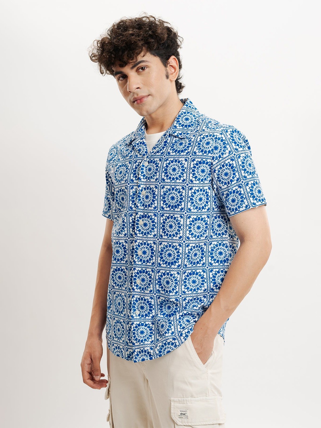 

FREAKINS Ethnic Motifs Printed Cuban Collar Pure Cotton Casual Shirt, Blue