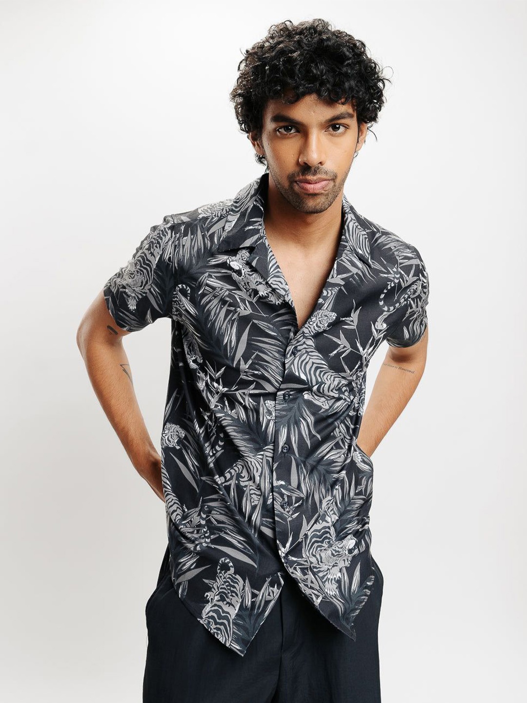 

FREAKINS Floral Printed Cuban Collar Casual Shirt, Black