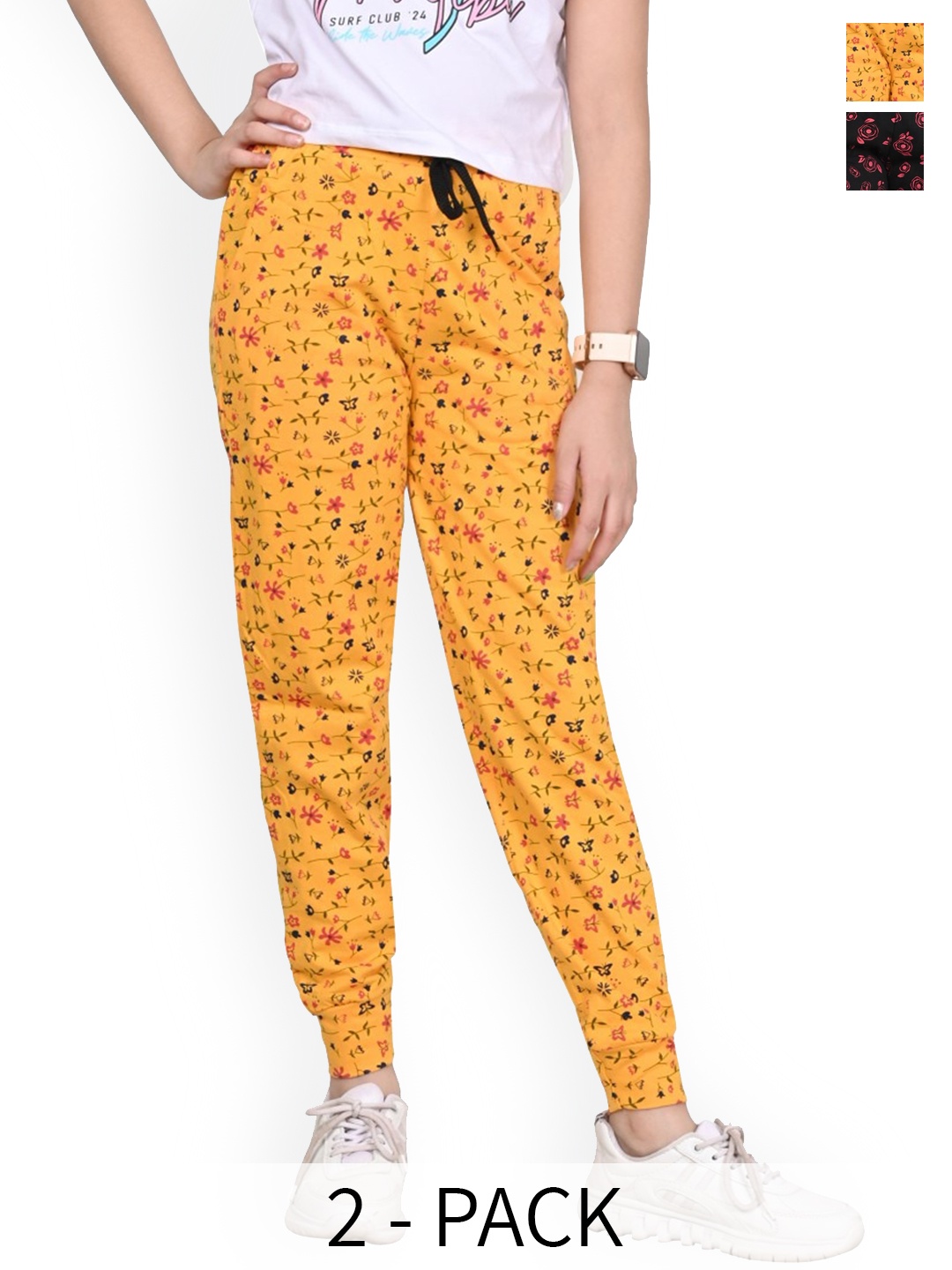 

BAESD Girls Floral Printed Pack Of 2 Pure Cotton Joggers, Black