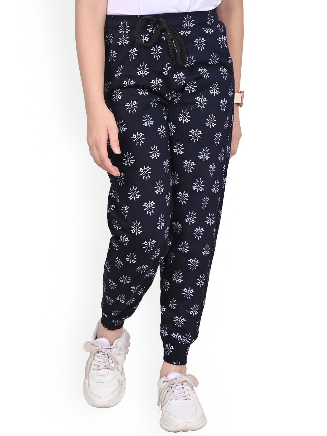 

BAESD Girls Ethnic Motifs Printed Pure Cotton Joggers, Navy blue