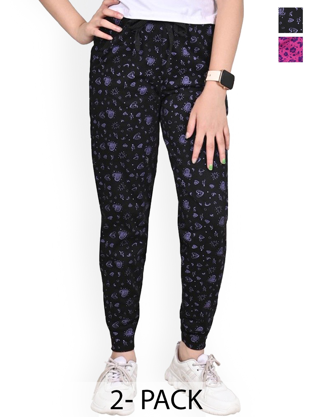 

BAESD Girls Printed Pack Of 2 Cotton Joggers, Black