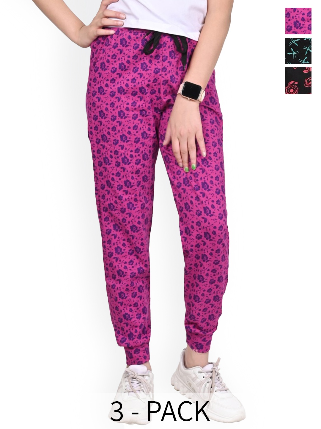 

BAESD Girls Printed Pack Of 3 Pure Cotton Joggers, Pink