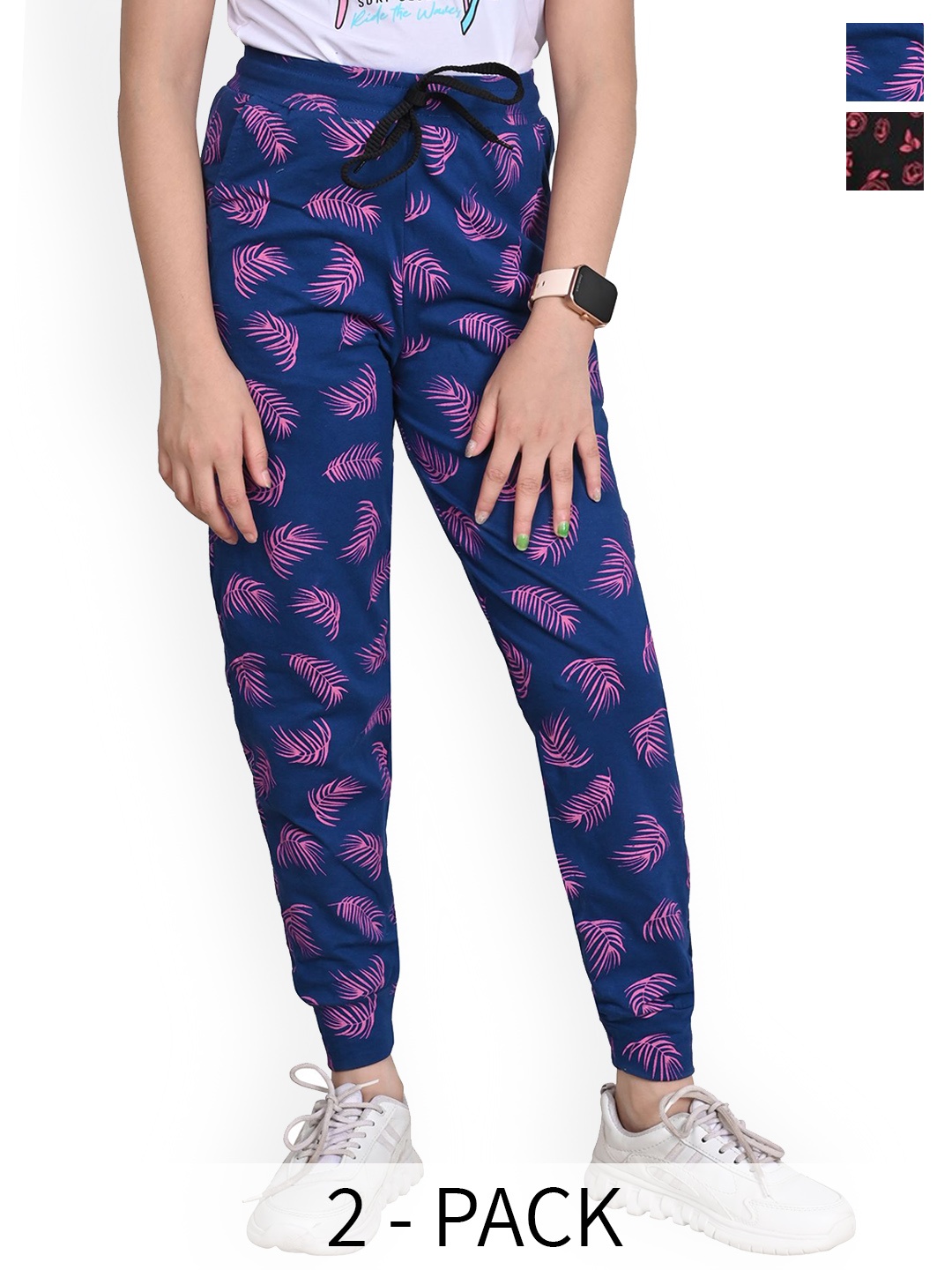 

BAESD Girls Pack of 2 Floral Printed Mid-Rise Pure Cotton Joggers, Blue