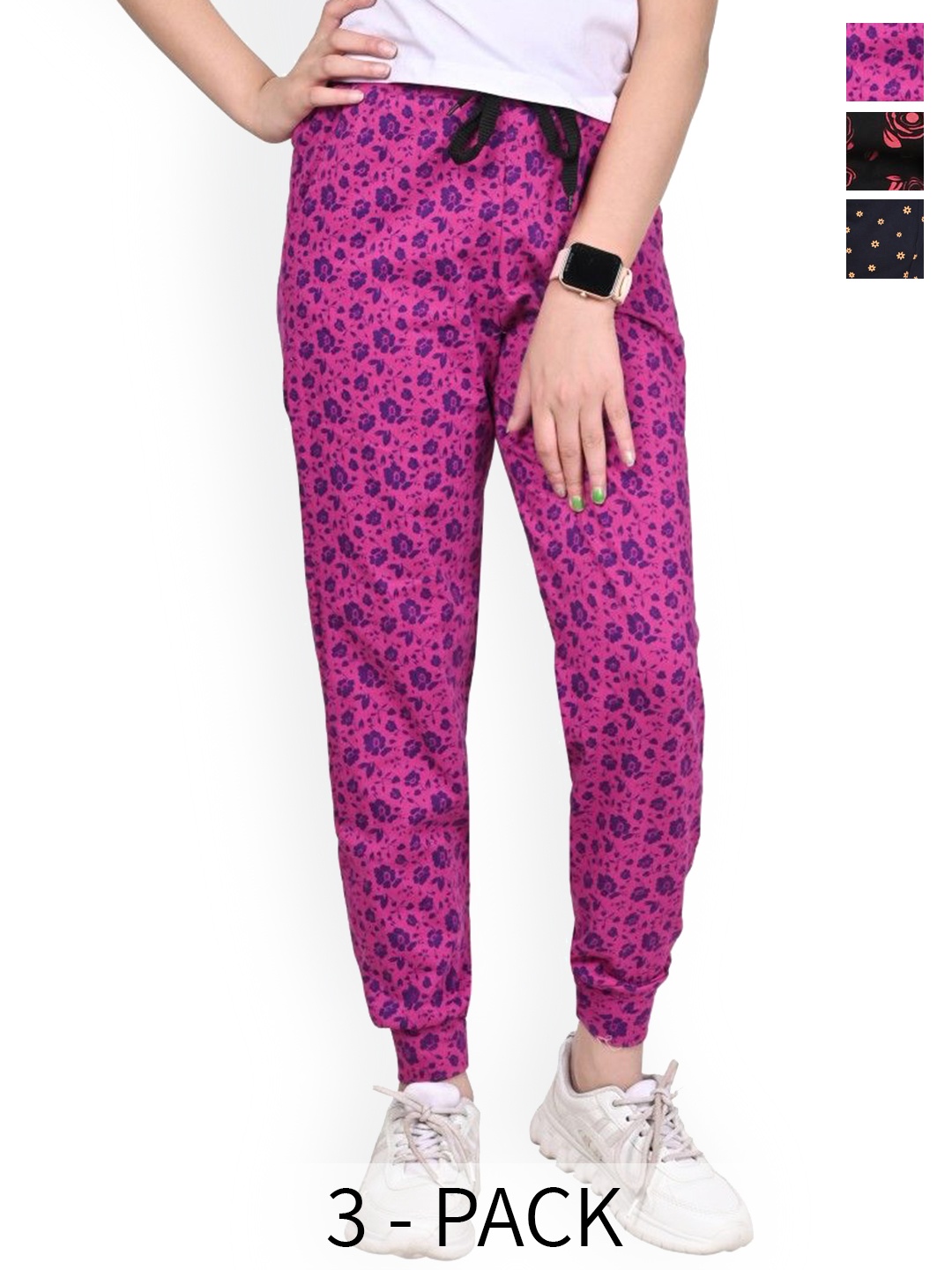 

BAESD Girls Floral Printed Pack Of 3 Cotton Joggers, Pink