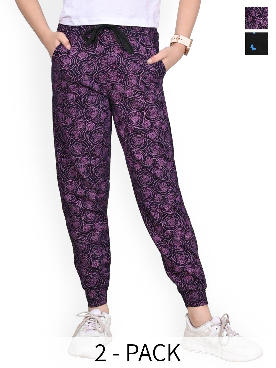 

BAESD Girls Pack of 2 Floral Printed Mid-Rise Pure Cotton Joggers Track Pants, Black