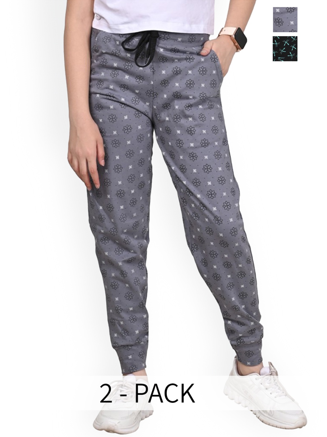 

BAESD Girls Pack of 2 Printed Mid-Rise Pure Cotton Joggers Track Pants, Grey