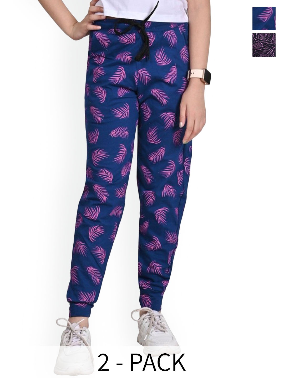 

BAESD Girls Pack of 2 Floral Printed Mid-Rise Pure Cotton Joggers, Blue