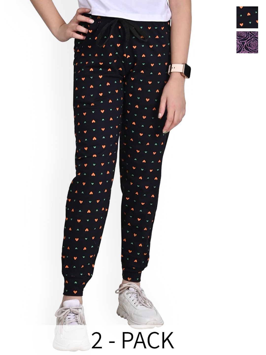 

BAESD Girls Printed Pack Of 2 Pure Cotton Joggers, Black