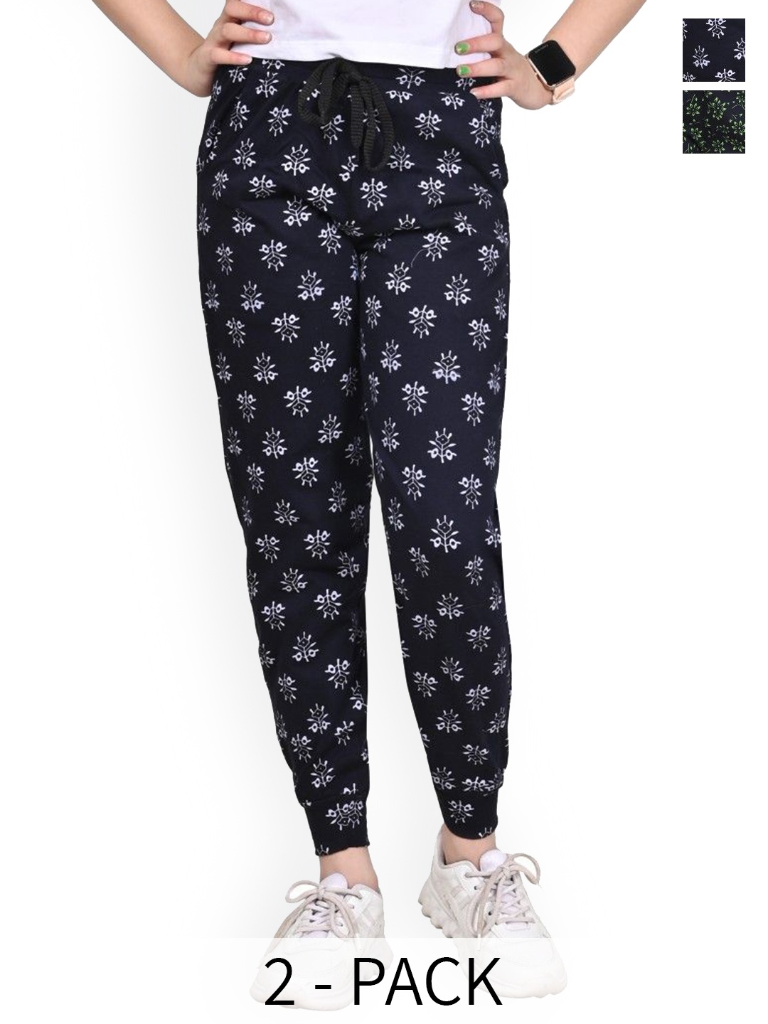 

BAESD Girls Pack of 2 Floral Printed Mid-Rise Pure Cotton Joggers, Navy blue