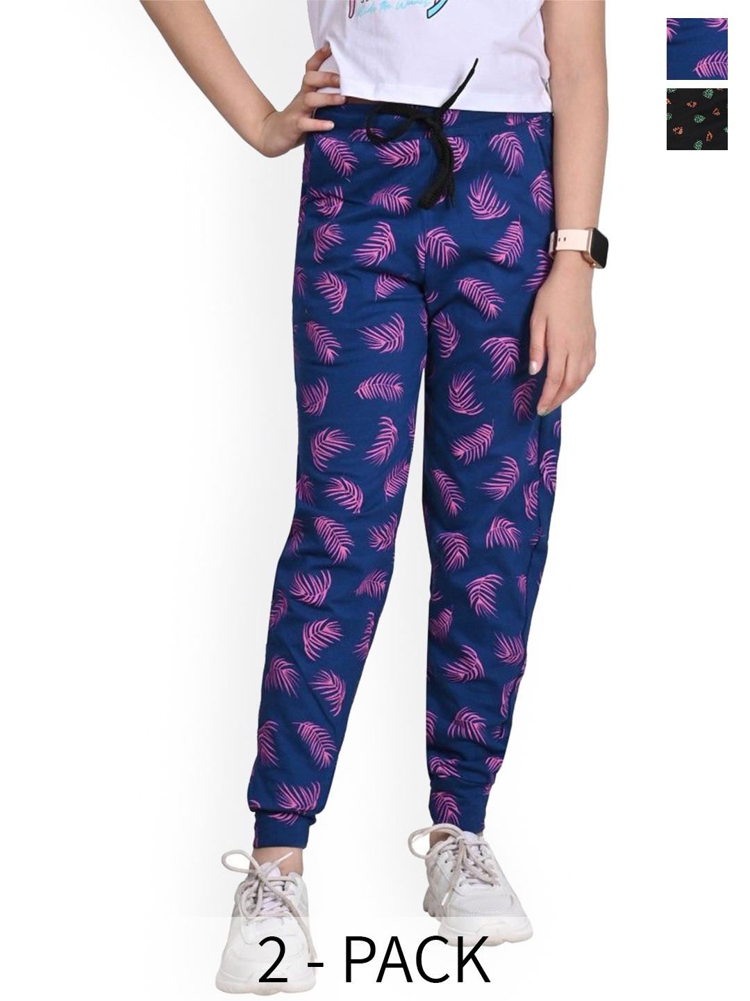 

BAESD Girls Pack of 2 Printed Mid-Rise Pure Cotton Joggers, Blue