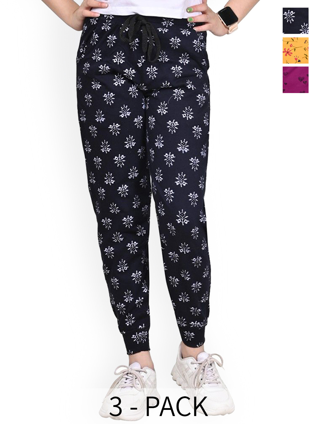 

BAESD Girls Pack of 3 Printed Mid-Rise Pure Cotton Joggers, Yellow