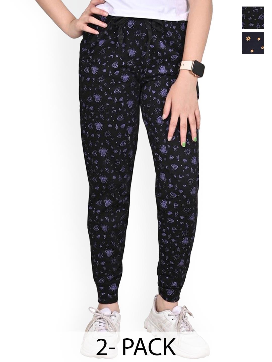 

BAESD Girls Pack of 2 Floral Printed Mid-Rise Pure Cotton Track Pants, Black