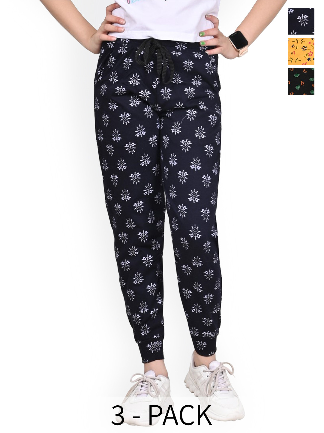 

BAESD Girls Pack Of 3 Floral Printed Cotton Joggers, Yellow
