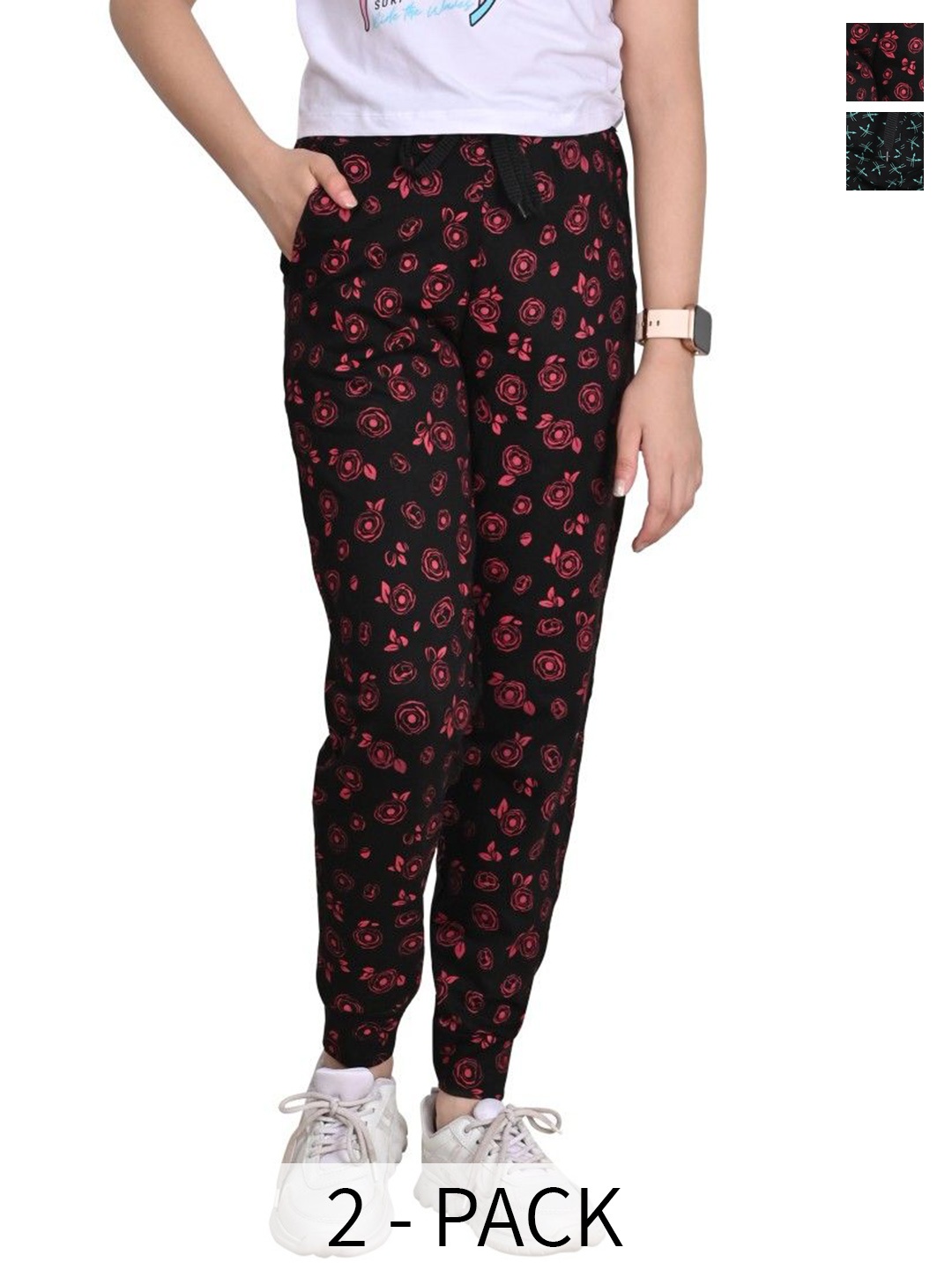 

BAESD Girls Pack of 2 Floral Printed Pure Cotton Joggers, Black
