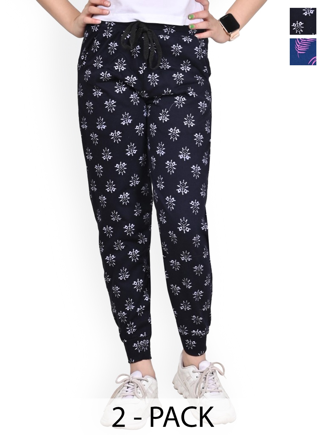 

BAESD Girls Printed Pack Of 2 Cotton Joggers, Navy blue