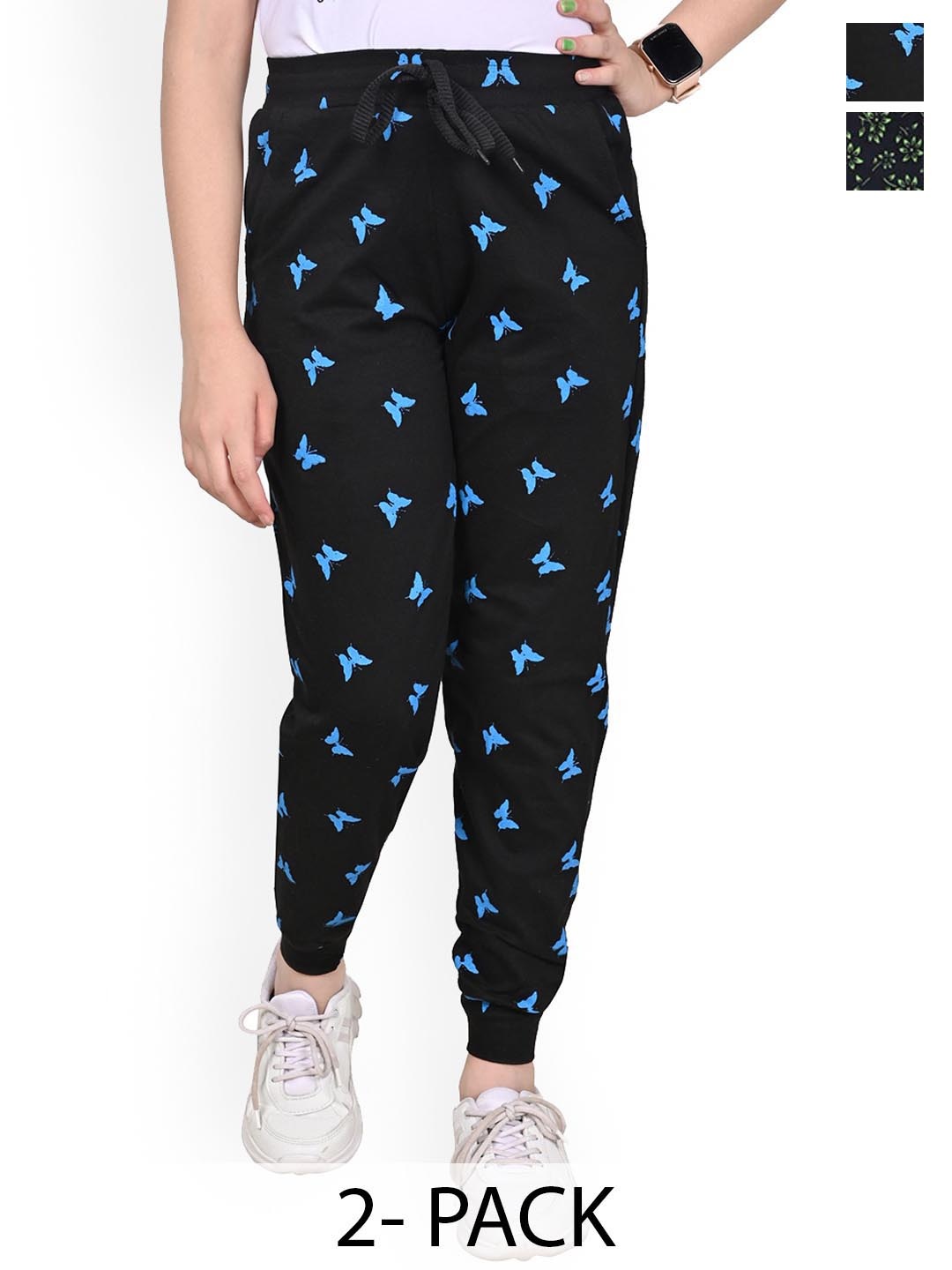 

BAESD Girls Pack of 2 Floral Printed Mid-Rise Pure Cotton Joggers, Black