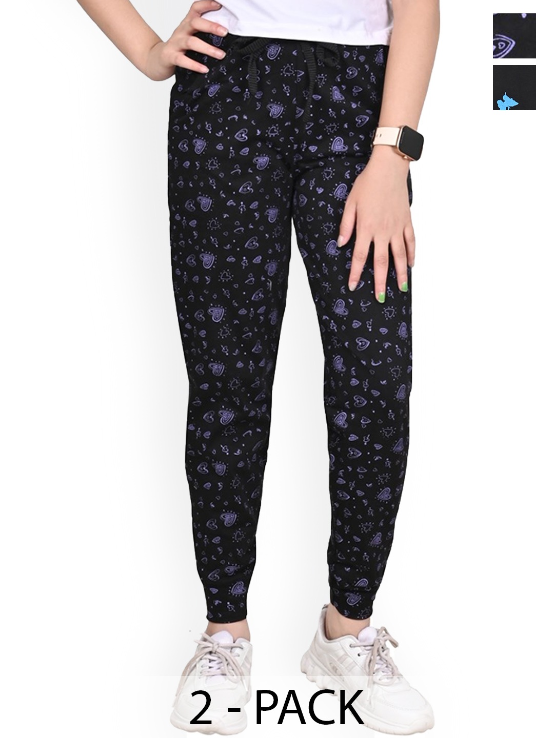

BAESD Girls Conversational Printed Pack Of 2 Pure Cotton Joggers, Black