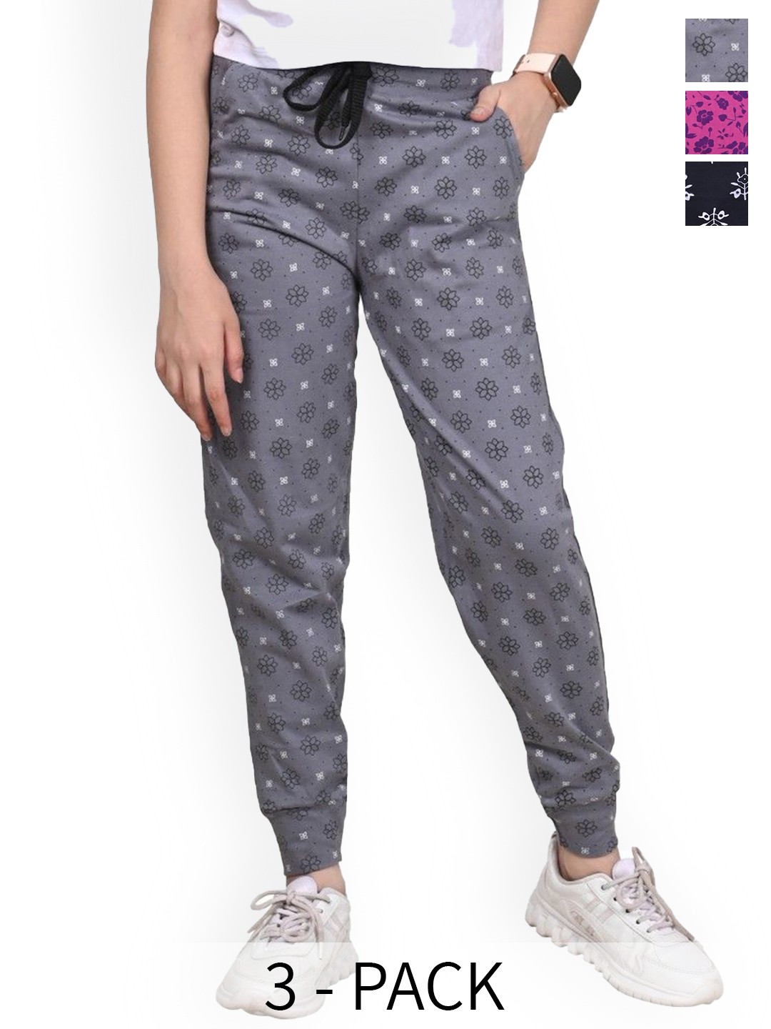 

BAESD Girls Pack of 3 Floral Printed Mid-Rise Pure Cotton Track Pants, Grey