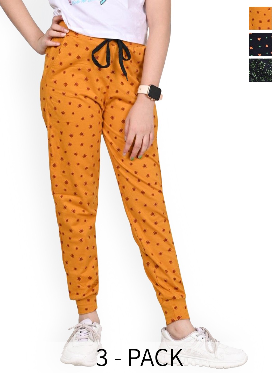 

BAESD Girls Printed Pack Of 3 Pure Cotton Joggers, Yellow